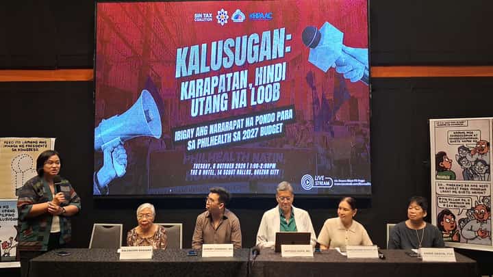 (From left to right): Moderator Atty. Paula Tanquieng, National Anti-Poverty Commission - Senior Citizen Council Sectoral Representative Salvacion Basiano, Health Professionals Alliance After COVID-19 Pandemic (HPAAC) member Dr. Jeremy Cordero , HPAAC Convenor Dr. Antonio Dans, Social Watch Philippines Co-Convenor Dr. Maria Victoria Raquiza and Public Services labor Independent Commission President Dr. Annie Geron attended the Kalusugan: Karapatan, Hindi Utang Na Loob Press Conference held at The B Hotel, Quezon City on 6 October 2026.
