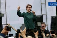 Vice President Sara Duterte spoke before her supporters after attending her arraignment on three counts of grave threats at the Quezon City Hall of Justice on 11 September 2026.