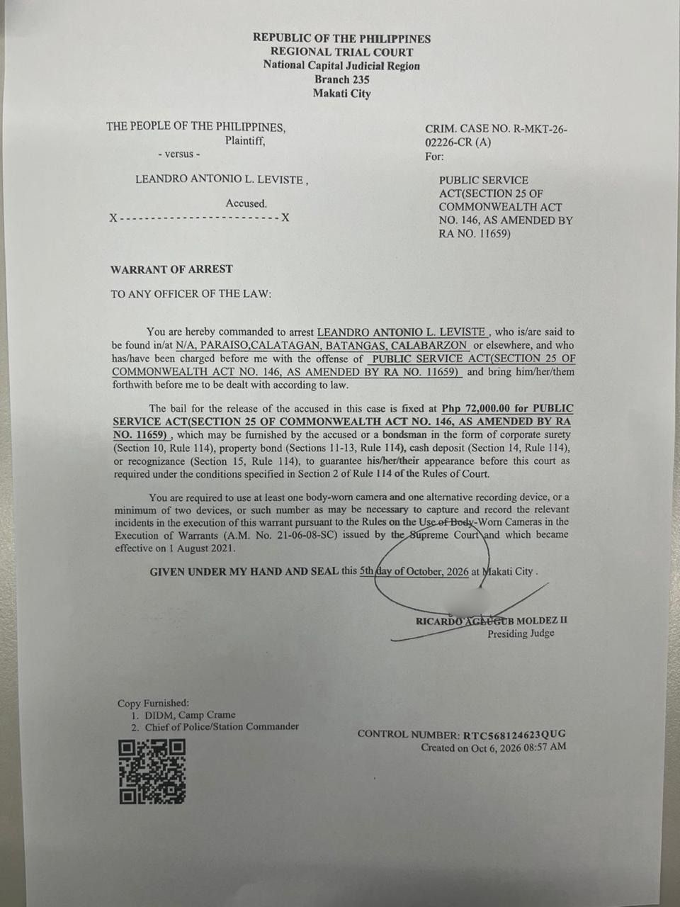 Court orders Leviste arrest