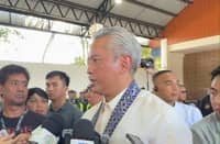 Interior Secretary Jonvic Remulla speaks to reporters at Camp Vicente Lim in Calamba City, Laguna, on 7 October 2026.