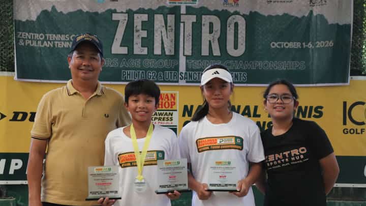 ELLA Mhae Paglalunan and Raven Licayan display their trophies alongside coach Joel Evangelista (left) and host sponsor Zopia Morales during awards ceremony of the Zentro Juniors Age-Group Championships on Monday.