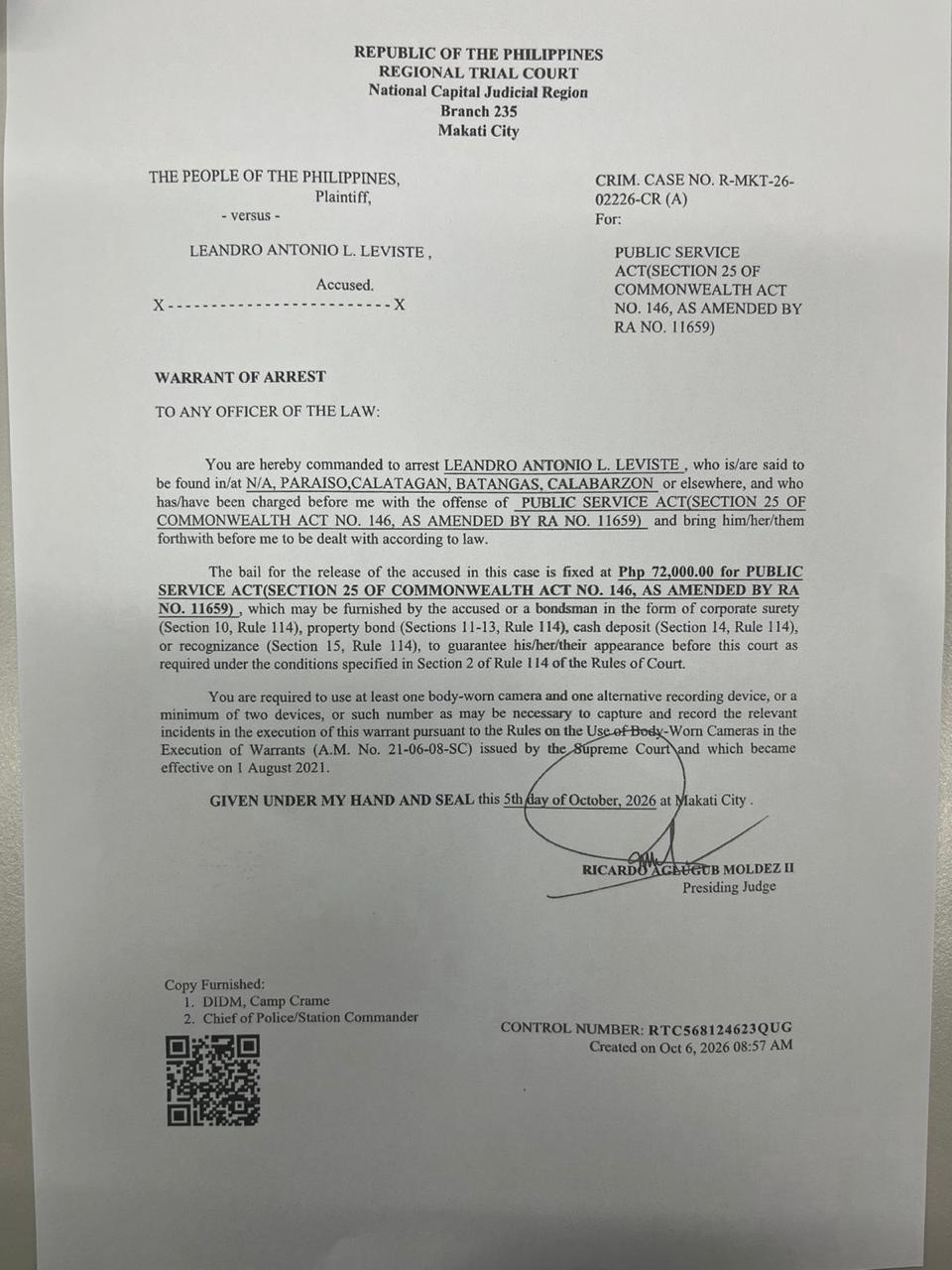 Court orders Leviste arrest