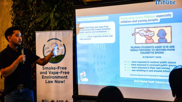 PLCPD Communication Consultant Richard Dy discussed 2024 Global Youth Tobacco Survey about Filipino students aged 13 to 15 being highly exposed to second-hand cigarette smoke during the learning session on Smoke-Free and Vape-Free Bill on 8 October 2026 at Kandle Cafe, Mother Ignacia Avenue, Quezon City.