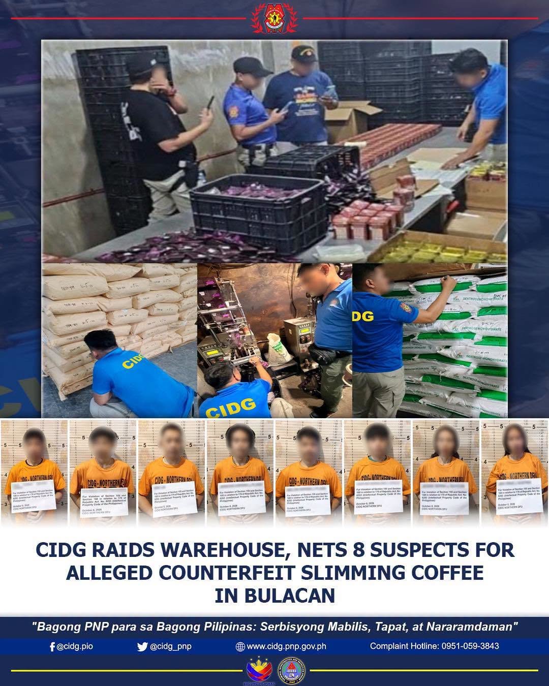 Eight arrested, P6.1M fake slimming coffee products seized in Bulacan