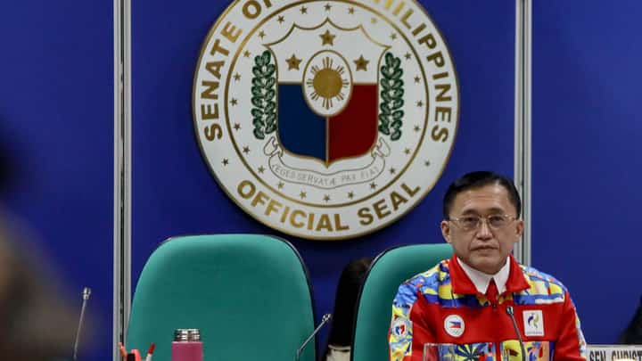SENATOR Christopher ‘Bong’ Go listens to the explanation of PNVF executive director Miguel Carlos Suarez during the Senate hearing on the issues surrounding the 20th Asian Games on Thursday.
