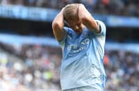 Manchester City's Norwegian striker #09 Erling Haaland reacts during the English Premier League football match between Manchester City and Sunderland at the Etihad Stadium in Manchester, north west England, on September 20, 2026.