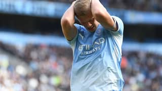 Manchester City's Norwegian striker #09 Erling Haaland reacts during the English Premier League football match between Manchester City and Sunderland at the Etihad Stadium in Manchester, north west England, on September 20, 2026.