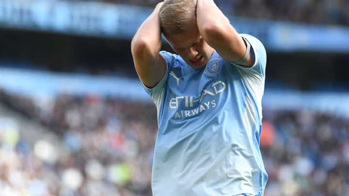 Manchester City's Norwegian striker #09 Erling Haaland reacts during the English Premier League football match between Manchester City and Sunderland at the Etihad Stadium in Manchester, north west England, on September 20, 2026.