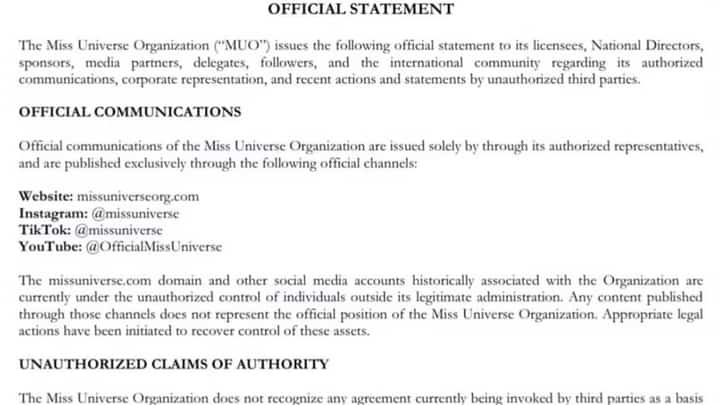 Miss Universe West official statement