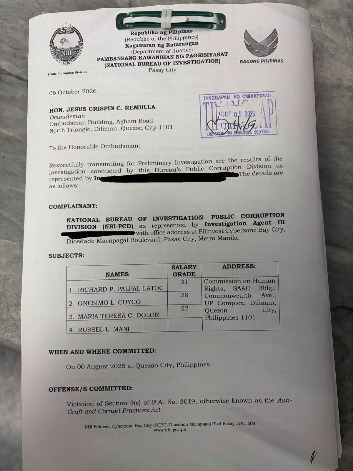 NBI files raps vs. Palpal-lotoc, 3 CHR officials
