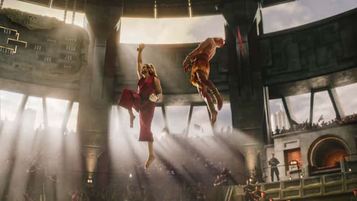 NOAH Centineo as Ken, and Vidyut Jammwal as Dhalsim, battle it out at the second World Warrior Tournament in ‘Street Fighter.’
