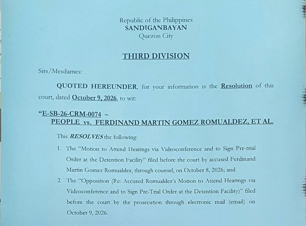 Sandiganbayan allows Romualdez to sign pre-trial order at QC jail