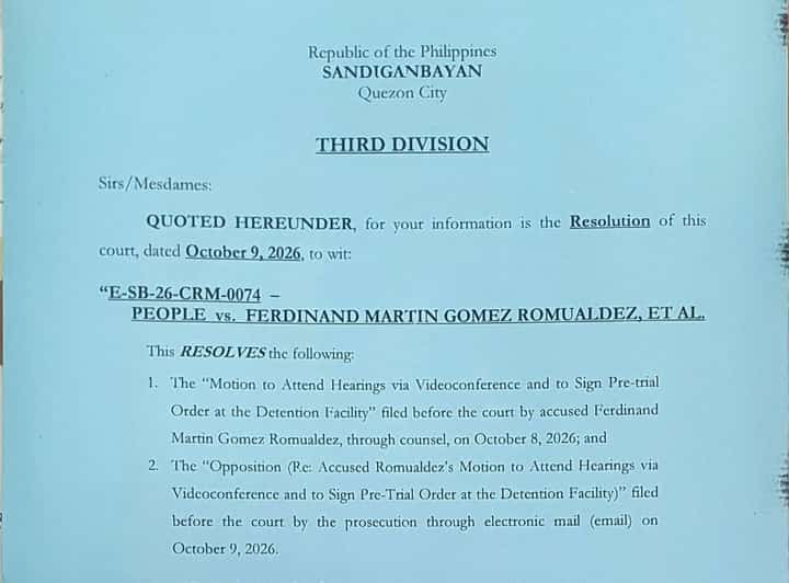 Sandiganbayan allows Romualdez to sign pre-trial order at QC jail