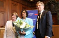 THE 2026 Nobel Peace Prize laureate, South African lawyer and champion of international law Navi Pillay (center) poses with the former president of the International Criminal Court Silvia Fernandez de Gurmendi (left) and the director of the International Nuremberg Principles Academy Christoph Safferling after she gave a press statement on 9 October 2026 at the historic Courtroom 600 of Nuremberg’s Palace of Justice, venue of the 1945 to1946 Nuremberg Trials against leaders of defeated Nazi Germany, in Nuremberg, southern Germany, where she was attending the Nuremberg Forum 2026 conference of the INPA.