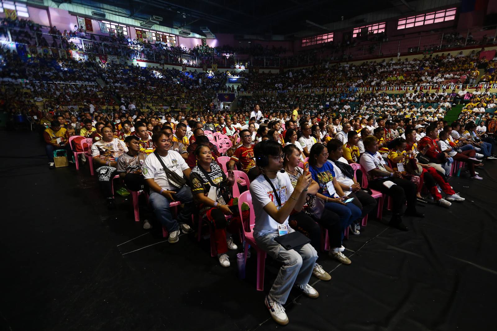 Catholic devotees of Jesus Nazareno gather for the 2nd Balangay National Conference at the Cuneta Astrodome in Pasay City on 10 October 2026. The conference brings together members of Balangays from across the country to deepen their devotion to Jesus Nazareno and strengthen their faith, unity and commitment to compassion and service to fellow devotees.