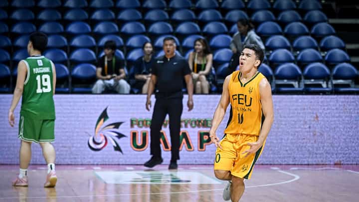 BERNARD Alsola celebrates after knocking down a clutch three-pointer in the final 42 seconds to lead the FEU-D Baby Tamaraws to an 82-76 win over the DLSZ Junior Archers in the UAAP Season 89 16U juniors basketball tournament on Saturday.
