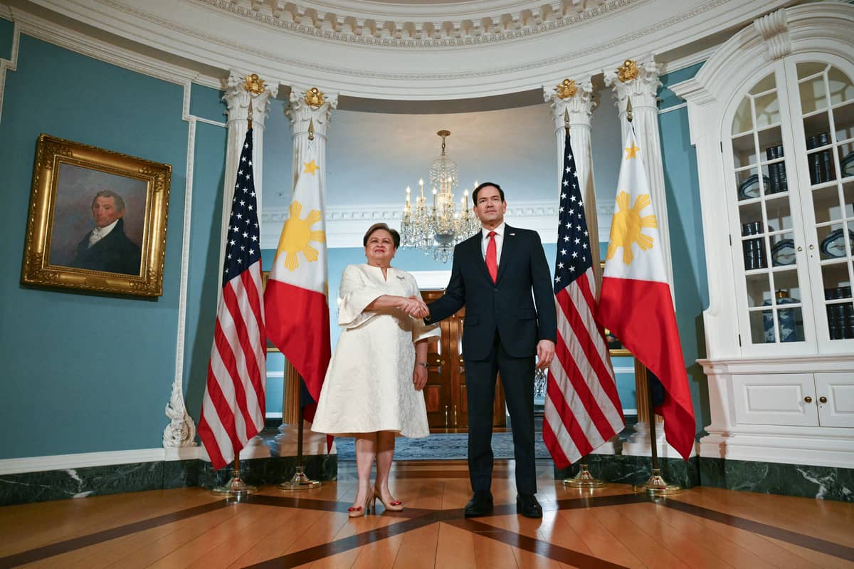 US Secretary of State Marco Rubio (right) shakes hands with Philippines’ Foreign Minister Theresa ‘Tess’ Lazaro as they appear briefly for the press before their meeting at the State Department in Washington, D.C. on 5 June 2026.