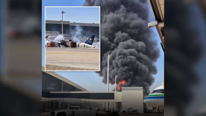 FLAMES on the runway Firefighters douse the burned wreckage of what appears to be a Saudia aircraft at King Khalid International Airport in Riyadh, amid reports of a Houthi missile attack on the Saudi capital. Hundreds were wounded and about a dozen were killed, authorities say.