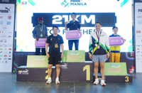 RICHARD Salaño (middle) celebrates on top of the podium after besting Gilbert Muge (left) and Ricky Organiza in the Manila leg of the PUMA Philippine Half Marathon Series 2026 on Sunday.