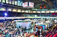Wide-angle view of the 2026 RSTW CALABARZON, showing participants, exhibition booths and technology displays inside the Quezon Convention Center in Lucena City.