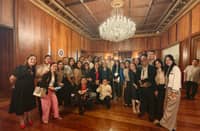 Officers and members of the Malacañang Press Corps take a photo op with Presidential Communications Office acting Secretary Lino Cayetano during the oath-taking of the newly elected officers of Malacañang Media Groups on Tuesday at Malacañang Palace.