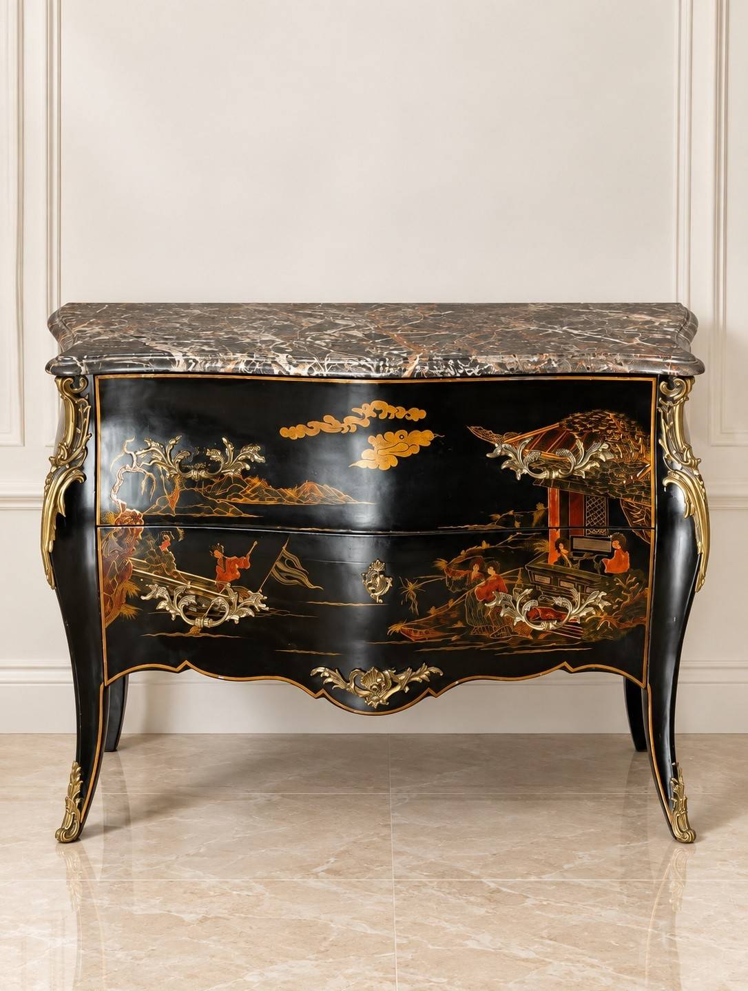 ORANATE Black Lacquer Chinoiserie Commode.