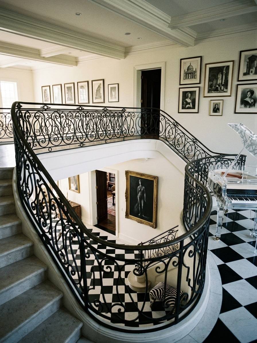 AN intricate wrought-iron staircase winds above a black-and-white checkered floor, where framed wall art and a sleek transparent piano bridge classic architectural heritage.