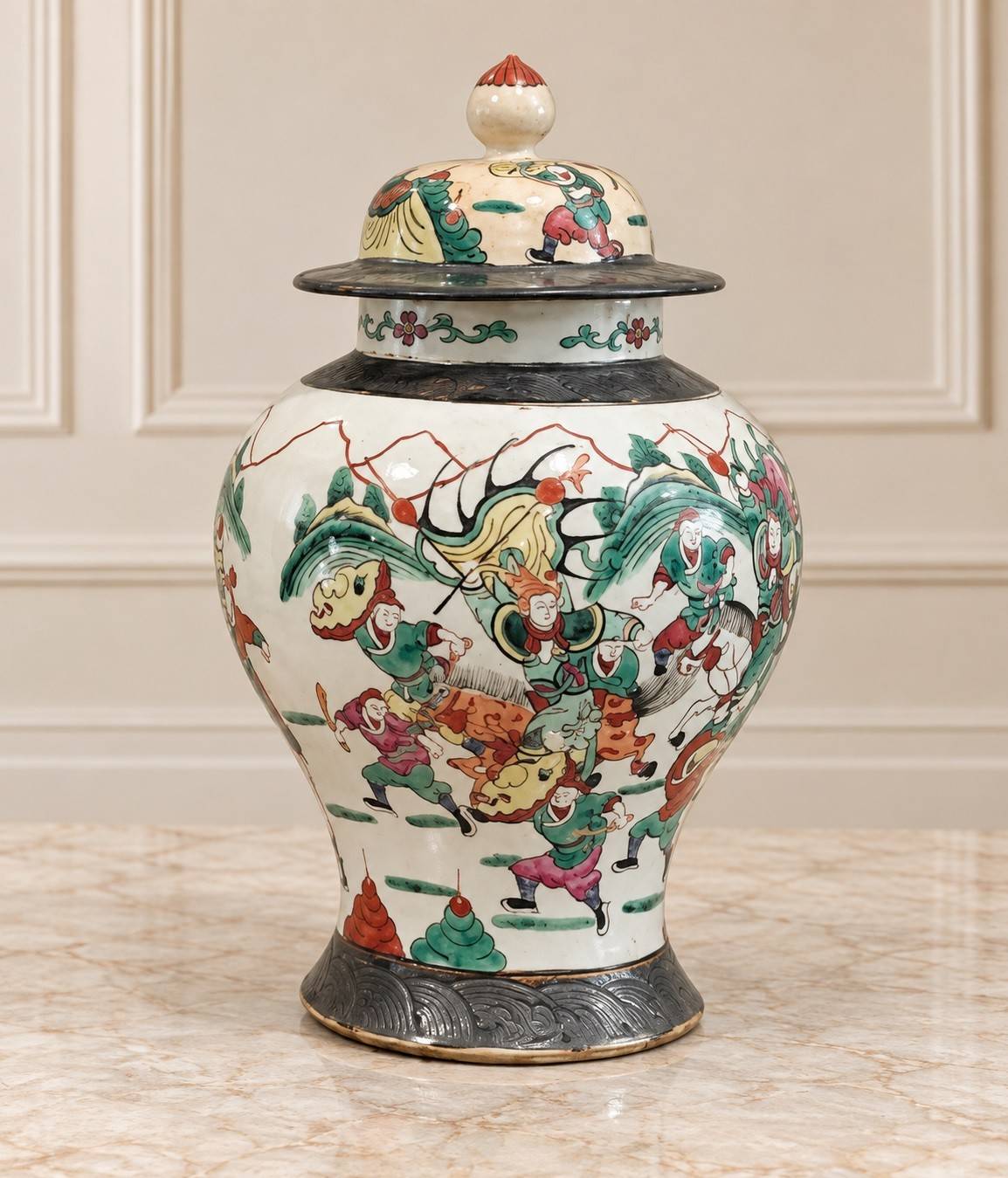 CHINESE crackleware porcelain lidded ginger jar with hand-painted scenes, late Qing.