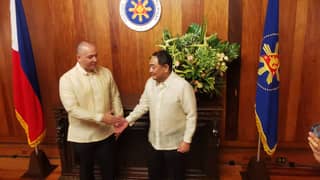 Newly installed acting-Secretary of Presidential Communications Office Lino Cayetano (left) and Information and Communications Office acting-Sec. Robert Joseph Montes de Claro took their oaths in Malacañang on Tuesday.