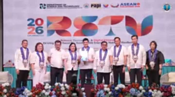 DOST Secretary Renato U. Solidum Jr., Undersecretary for Regional Operations Sancho A. Mabborang, DOST-CALABARZON Regional Director Emelita P. Bagsit, Quezon Provincial Science and Technology Director Maria Esperanza Jawili, and other officials gather during the 2026 Regional Science, Technology and Innovation Week at the Quezon Convention Center in Lucena City, Quezon, on 12 October 2026.