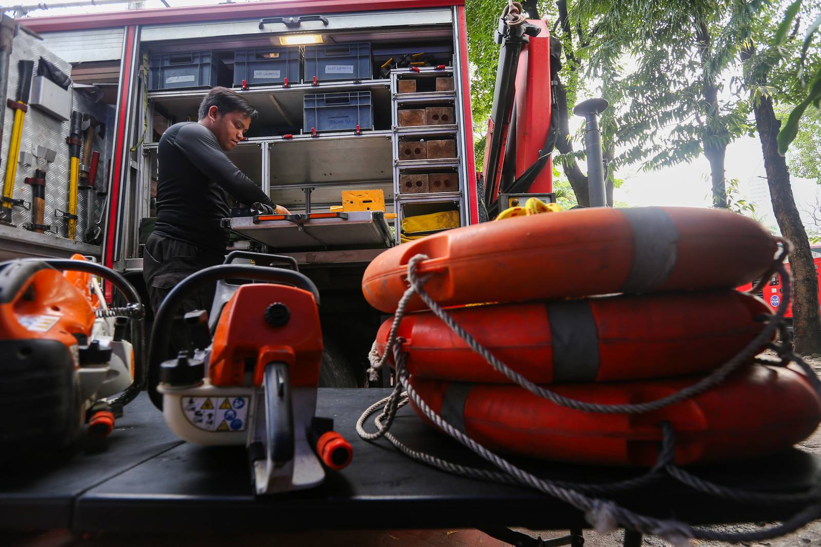 Personnel from the Manila Disaster Risk Reduction Management Office prepare their equipment at their headquarters along Quirino Avenue on 13 October 2026, in celebration of the International Day of Disaster Risk Reduction. Designated by the United Nations and observed annually on 13 October, the day promotes a global culture of disaster prevention and preparedness, highlighting the importance of reducing risks, strengthening resilience, and equipping communities with the knowledge and resources to better withstand disasters.