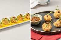PAN-SEARED lotus root filled with shrimp mousse, lemon-yuzu dressing, and raspberry pearls and Crispy sea cucumber stuffed with mushroom and garlic, served with Sichuan chili sauce.