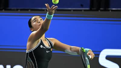Philippines Alexandra Eala hits a return against Russia's Tatiana Prozorova during the WTA Singapore Open Tennis round 16 in Singapore on September 24, 2026.