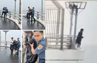 Personnel from Headquarters Regional Maritime Unit 7 assist a 14-year-old student after rescuing her from the outer guardrail of the Marcelo Fernan Bridge in Cebu.