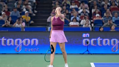 Belarus's Aryna Sabalenka reacts during the women's singles match against USA's Ann Li at the Wuhan Open tennis tournament in Wuhan, in China's Hubei province on October 14, 2026.