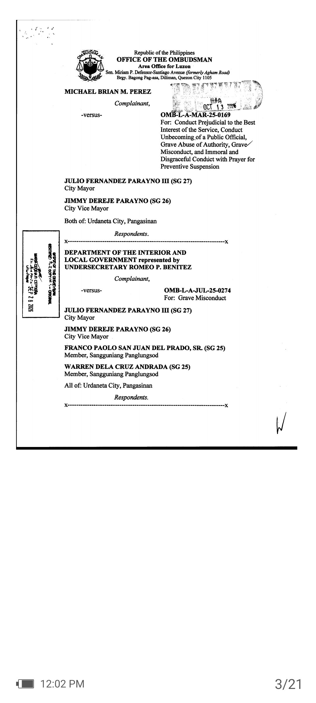 Ombudsman dismisses Urdaneta mayor, vice mayor, 6 councilors