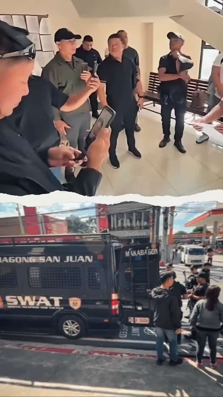 Members of the "Brave 14" and their legal counsel, Atty. Levito "Levi" Baligod, are seen at the San Juan Hall of Justice on October 16, 2026 — moments before being served arrest warrants issued by the RTC of Iba, Zambales. Below: A San Juan City SWAT vehicle stands by outside the Hall of Justice as authorities process the group.