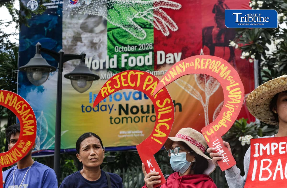 (October 16 2026) To Mark the World Food Day, Various groups with farmers from Bicol, Negros and Bulacan stage a protest at Department of Agriculture office in Quezon City on Friday October 16 2026, to call the government to provide calamity compensation for farmers and Fishers affected by Super El Nino. Photo/Analy Labor