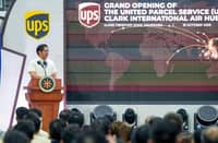 PRESIDENT Ferdinand Marcos Jr. (at podium, left) promises faster deliveries, more jobs and wider access to goods as he inaugurates the new $80-million UPS Clark International Air Hub. The facility can handle up to 46,000 packages and cargo shipments daily, more than nine times its previous capacity, boosting Clark’s role as a logistics gateway.