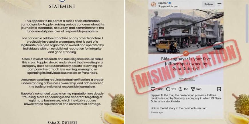 Sara Duterte denies owning Jollibee franchise