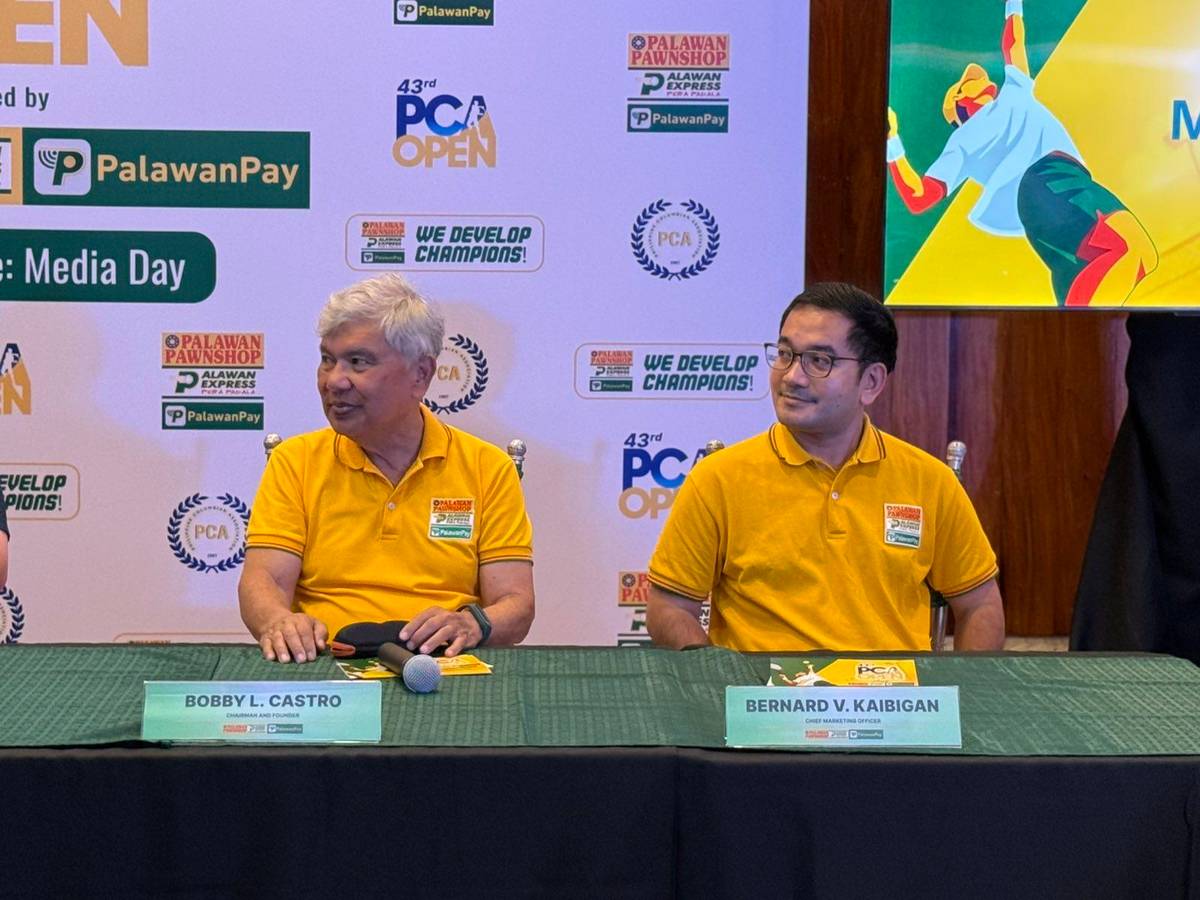 PALAWAN Group of Companies founder and chairman Bobby Castro (left) and chief marketing officer Bernard V. Kaibigan (right) speak at a press conference at the media launch of the 43rd annual PCA Open on Thursday morning at the Philippine Columbian Association in Paco, Manila.