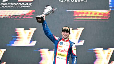 VICTORY celebrations for Brazil’s Rafael Camara atop the podium after winning the Australian Formula 3 Grand Prix at Melbourne’s Albert Park Circuit.