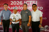RUPERT Zaragosa (second from left) marks his return to the PGT throne with a one-stroke victory in the ICTSI Pueblo de Oro Championship. With him are (from left) Pueblo de Oro vice chairman Chrysler Acebu, ICTSI Media Relations head Ronnel Javier, and Pueblo de Oro’s Junior Golf chairman Chippy Lazo.