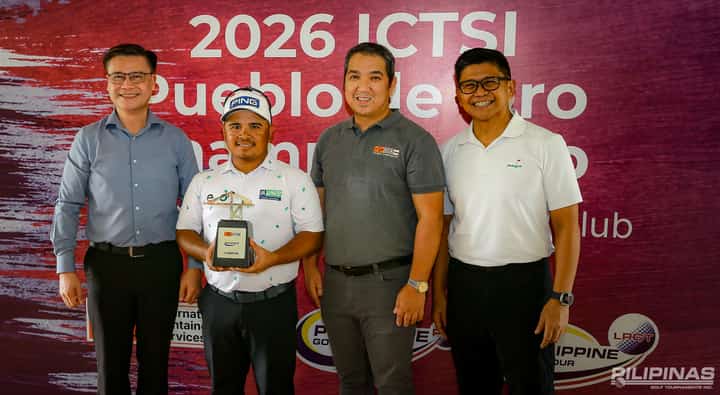 RUPERT Zaragosa (second from left) marks his return to the PGT throne with a one-stroke victory in the ICTSI Pueblo de Oro Championship. With him are (from left) Pueblo de Oro vice chairman Chrysler Acebu, ICTSI Media Relations head Ronnel Javier, and Pueblo de Oro’s Junior Golf chairman Chippy Lazo.