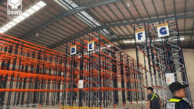 Rows of storage racks inside the DSWD’s new regional warehouse in Biñan City, Laguna, which can accommodate an estimated 300,000 family food packs and 50,000 non-food items.