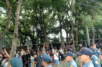 Tension rise between QCPD personnel and protesters over bamboo-poled shelter in front of DAR Central Office in Quezon City on Monday, 19 October 2026.