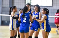 ANDREA Caparal (No. 2) celebrates with her ICC during their 27-25, 25-20, 25-20 win over LPU-B in the PGFlex Linoleum-UCAL Season 9 Volleyball Championships over the weekend.