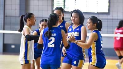 ANDREA Caparal (No. 2) celebrates with her ICC during their 27-25, 25-20, 25-20 win over LPU-B in the PGFlex Linoleum-UCAL Season 9 Volleyball Championships over the weekend.