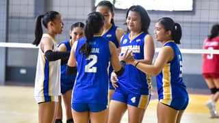 ANDREA Caparal (No. 2) celebrates with her ICC during their 27-25, 25-20, 25-20 win over LPU-B in the PGFlex Linoleum-UCAL Season 9 Volleyball Championships over the weekend.