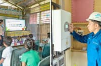 SINCE AuroraPH provided access to electricity, the students of Kabangbang and Lapinig are more excited to learn and go to school, thanks to new television sets (left) and a newly installed solar PV system with an off-grid inverter (right).